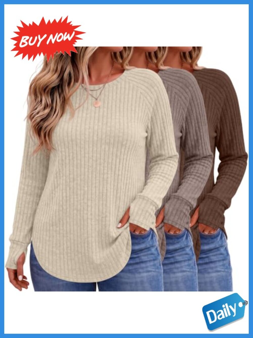 Plus Size Long Sleeve Tunics Sweater 3 Pack Curved Hem Side Split Thumbhole